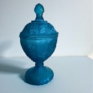 Vintage Indiana Glass Harvest Grape Blue Satin Frosted Covered Compote Candy